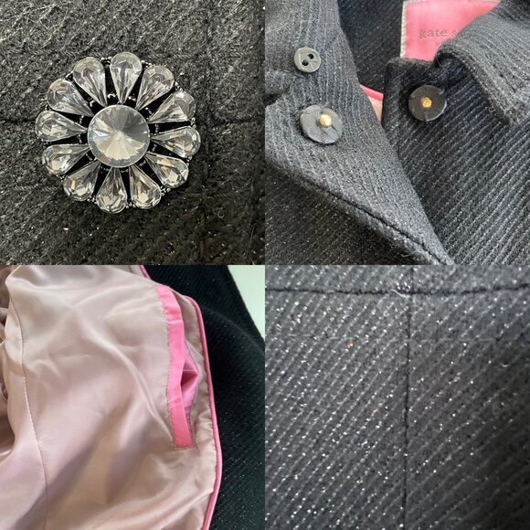 Kate Spade Black Wool Blend Coat Jewel Button Coat Large Designer *No Fur Collar - Picture 6 of 9